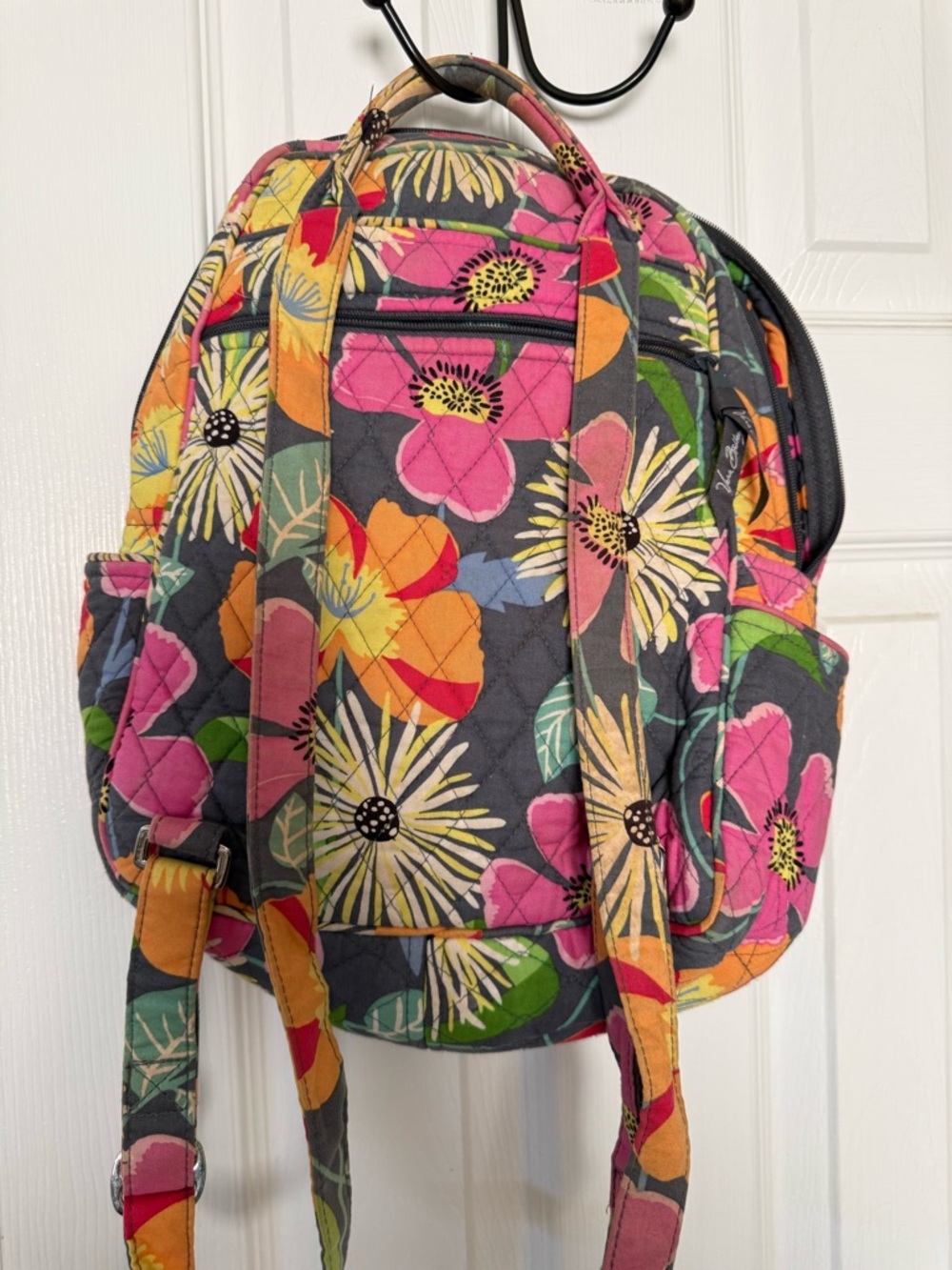 Vera Bradley Quilted Floral Backpack in Gray with Pink, Yellow & Green Accents